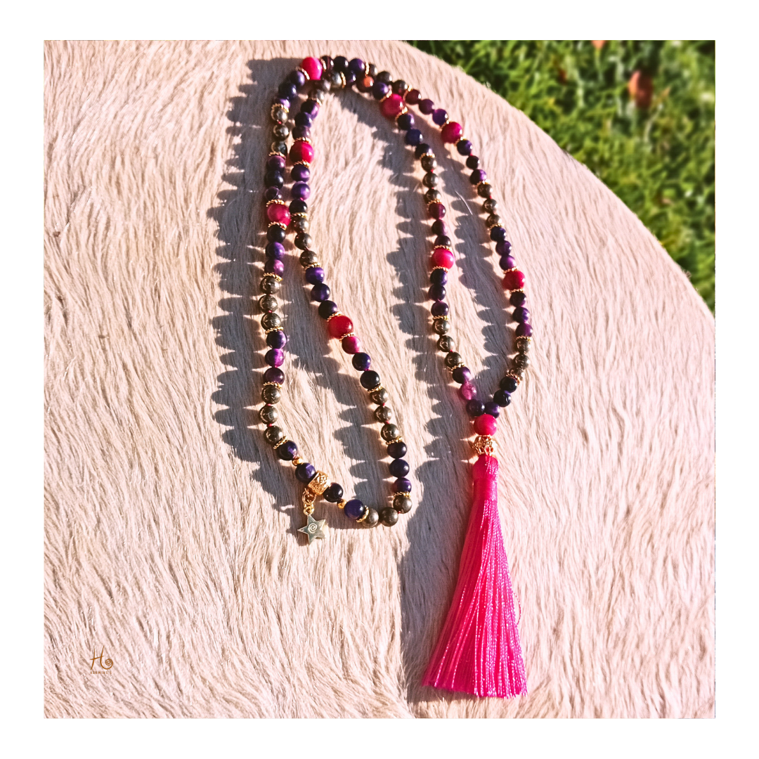 Mala ✿ Mariel - Pink & Purple Tigeröga, Pyrit & 18k Guldplätering