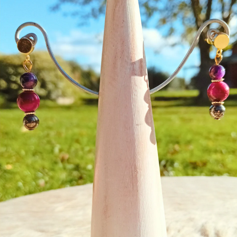 Örhängen ✿ Mariel – Pink & Purple Tigeröga, Pyrit & 18k Guldplätering