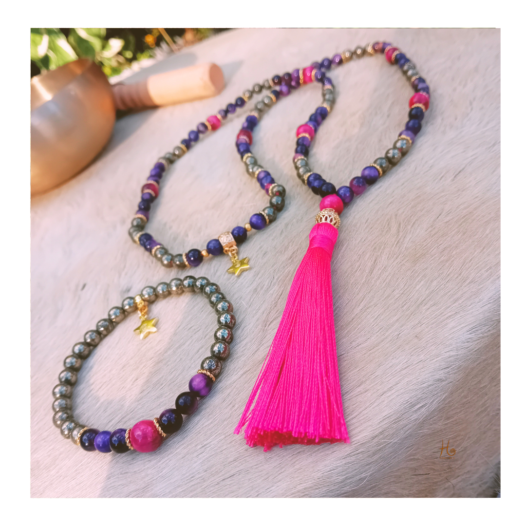 Set Mariel – mala, armband & örhängen i pink & purple tigeröga, pyrit & 18k guldplätering från HerMne`s
