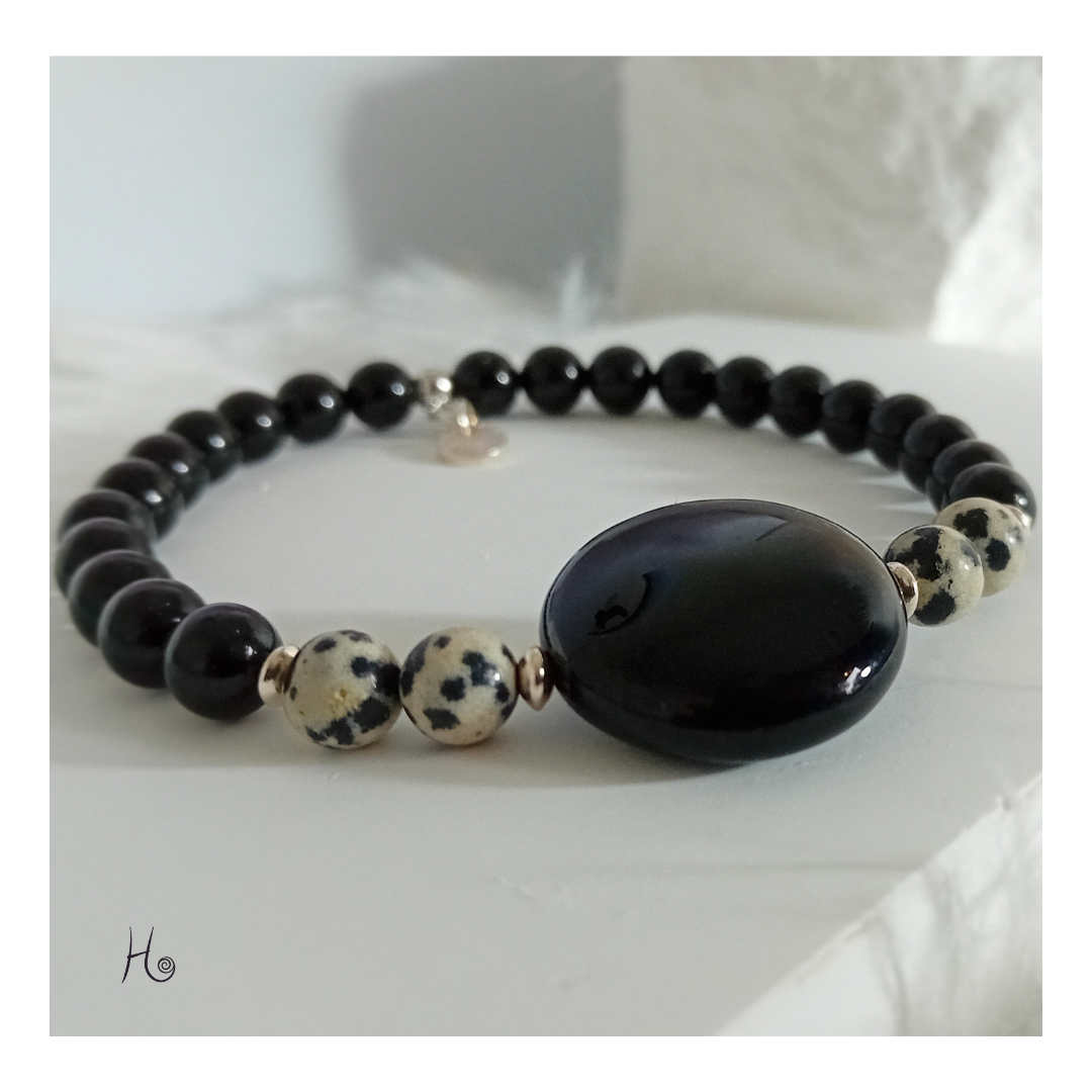 Armband ✿ Zaya - Obsidian, Dalmatinerjaspis & 925 Sterling Silver