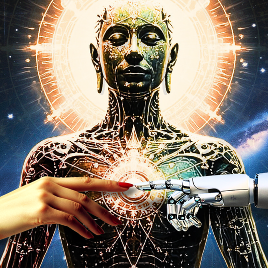 buddha med en mänsklig och en robothand som rör på varandra framför sig, humanismus och AI - HerMine`s
