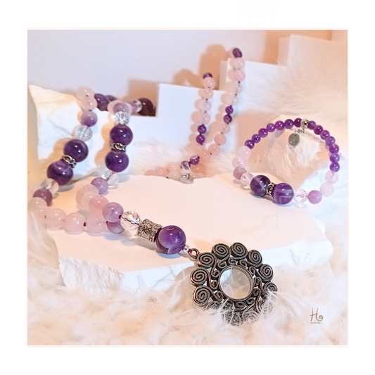 Mala ✿ Liora - Drömametist, Lepidolit, Rosenkvarts & Bergkristall