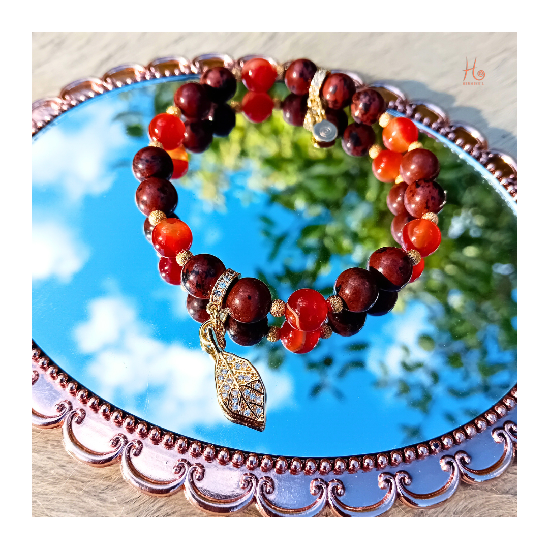 Bracelet ✿ Arwen - Carnelian, Mahogany Obsidian &amp; 18k Gold Plating