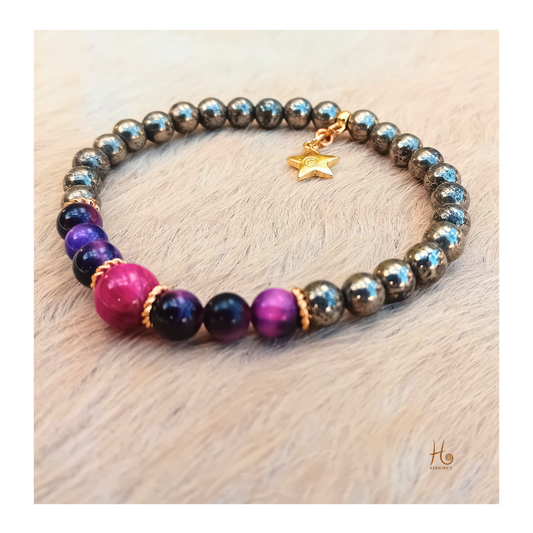 Elastisk armband i pink & purple tigeröga med pyrit & 18k guldplätering från HerMne`s