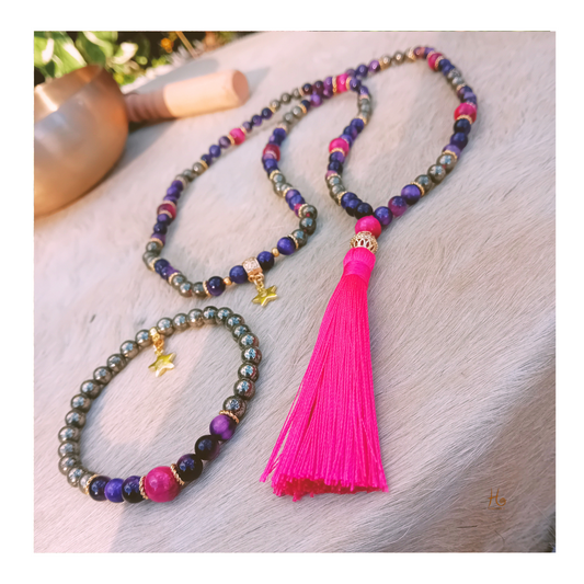 Mala i pink & purple tigeröga med pyrit & 18k guldplätering från HerMne`s