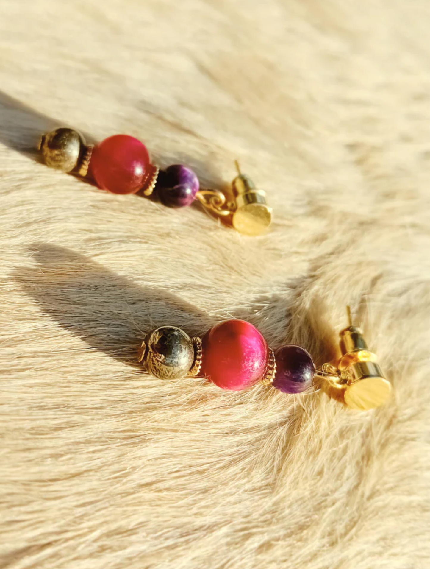 Örhängen ✿ Mariel – Pink & Purple Tigeröga, Pyrit & 18k Guldplätering