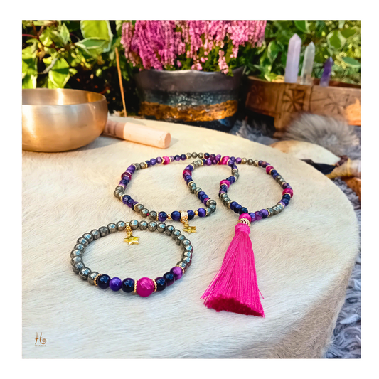 Set Mariel – mala, armband & örhängen i pink & purple tigeröga, pyrit & 18k guldplätering från HerMne`s
